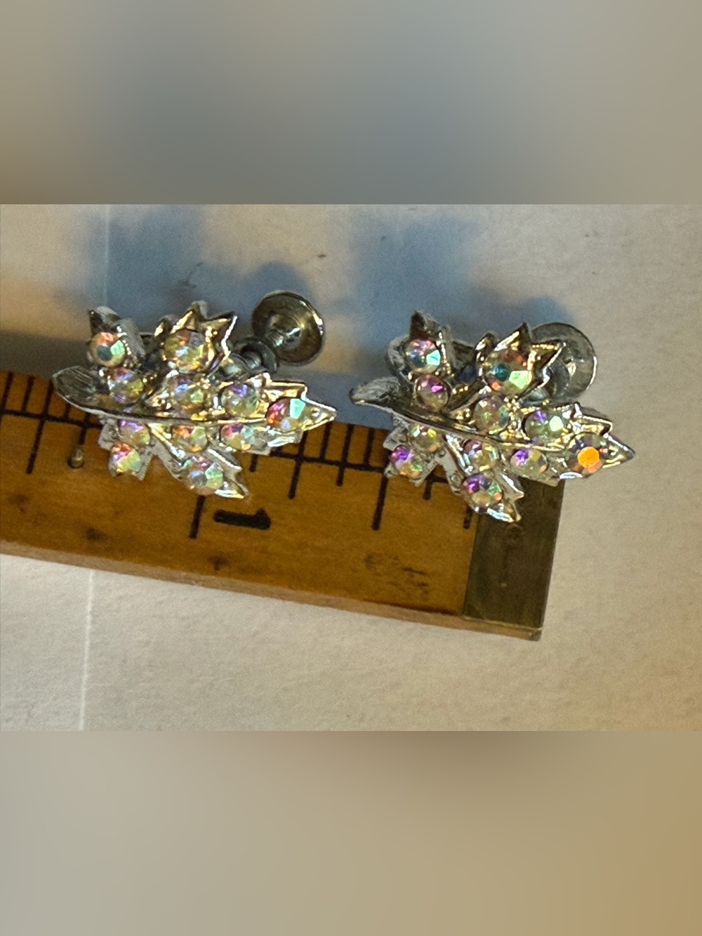 Vintage signed Coro autumn leaf Aurora Borealis Crystal screw back earrings